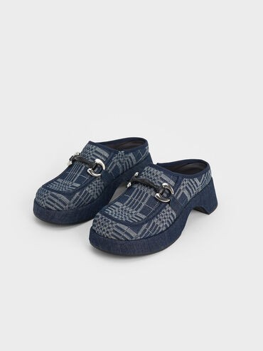 Denim Plaid Metallic Accent Platform Mules, Dark Blue, hi-res