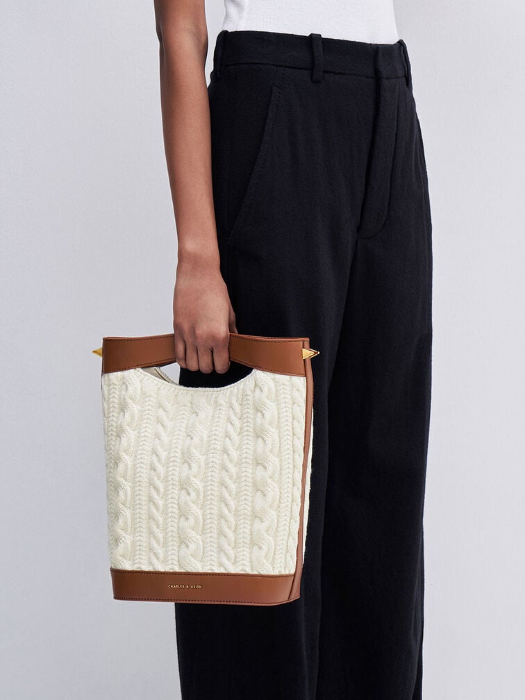Cream Apolline Textured Knit Bucket Bag | CHARLES & KEITH