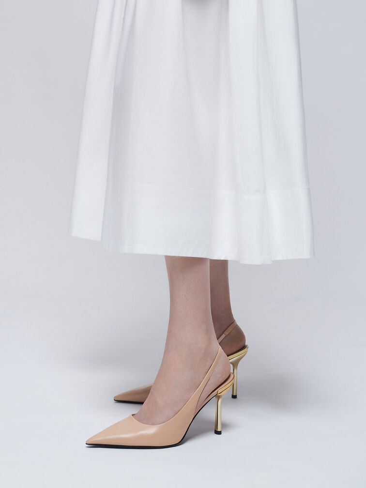 Zapatos destalonados metálicos de punta afilada con tacón de aguja, Nude, hi-res