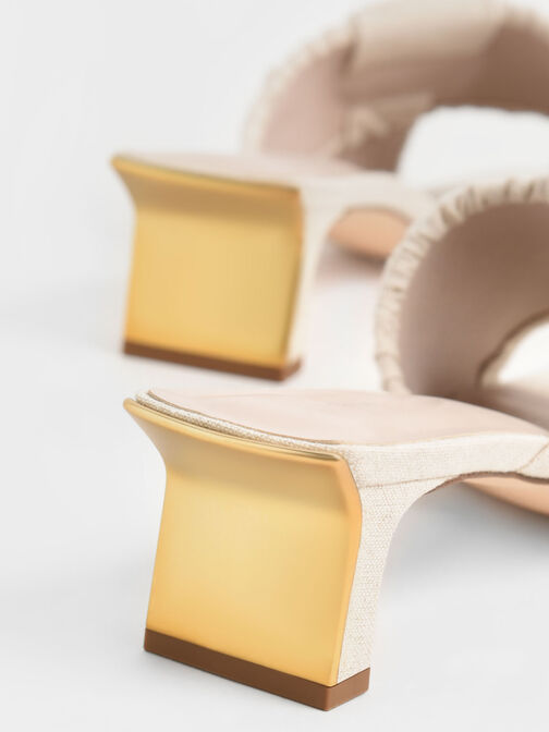 Linen Asymmetric Ruched Mules, Chalk, hi-res