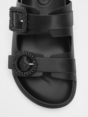 Woven-Buckle Double-Strap Sandals, Black, hi-res