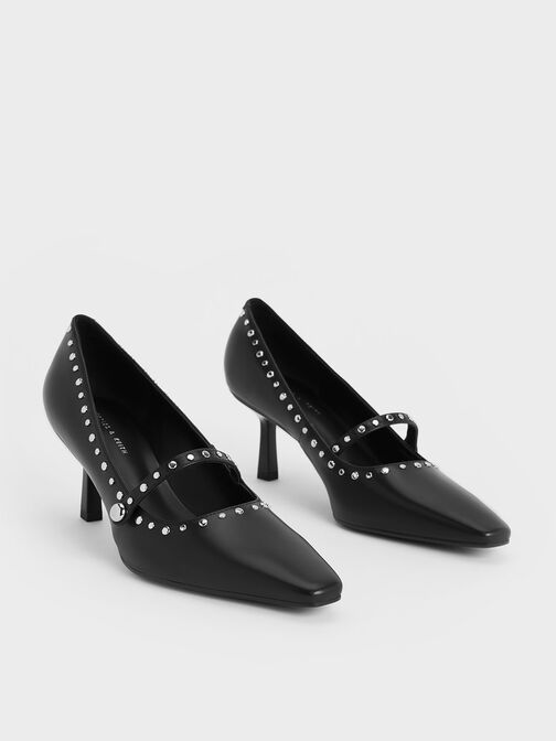 Studded Mary Jane Pumps, Black, hi-res