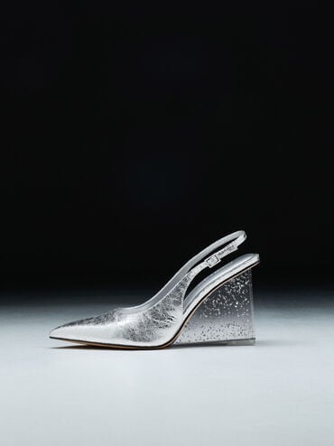 Metallic Crinkle-Effect Speckled-Heel Slingback Wedges, Silver, hi-res