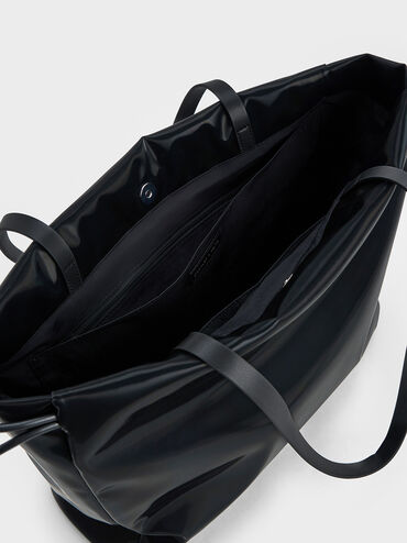 Bolso tote Bethel efecto arrugado brillante con cordón, negro azabache, hi-res