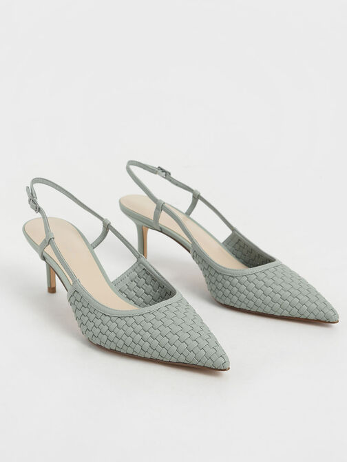 Woven Slingback Pumps, Sage Green, hi-res