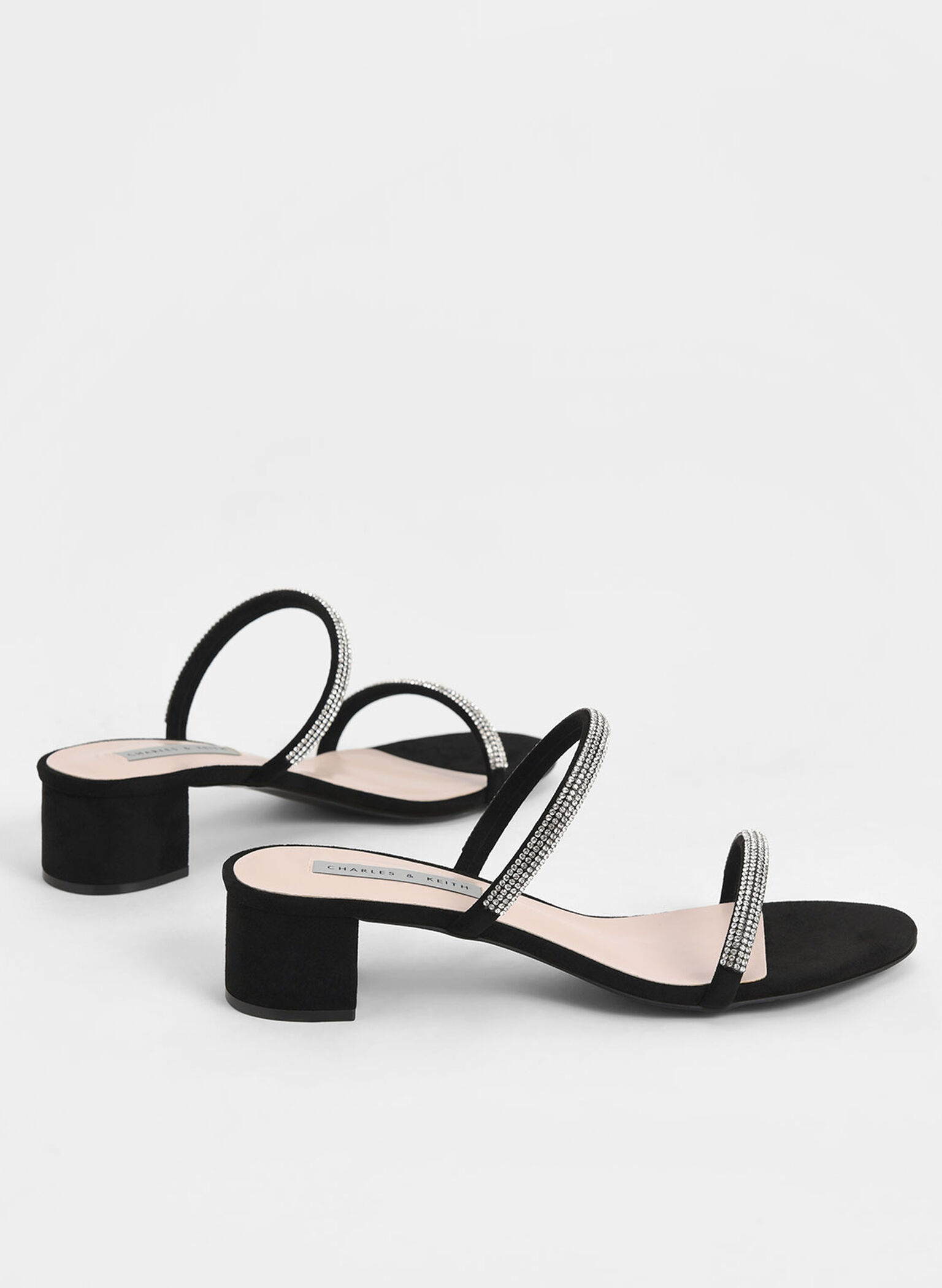 Gem-Encrusted Strappy Heeled Mules, Black, hi-res