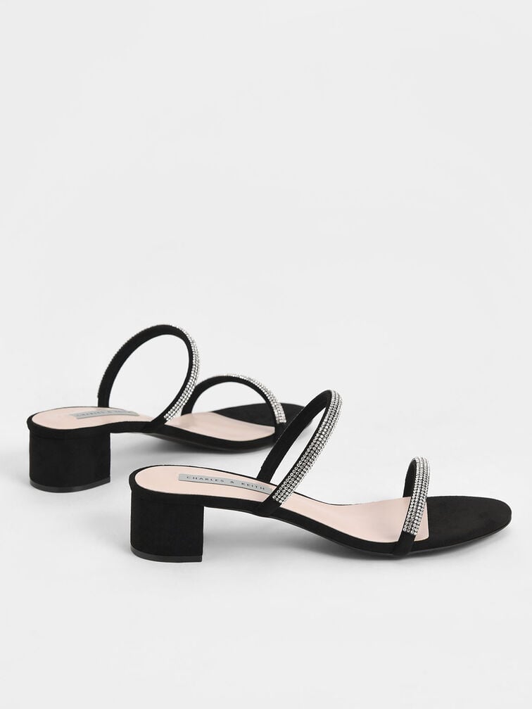 Gem-Encrusted Strappy Heeled Mules, Black, hi-res