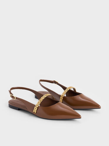 Chain-Strap Pointed-Toe Slingback Flats, Brown, hi-res