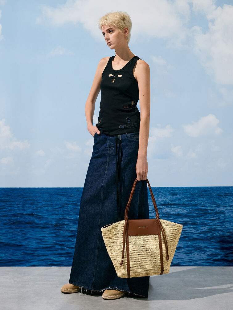 Bolso tote de rafia Shalia, Rafia natural, hi-res