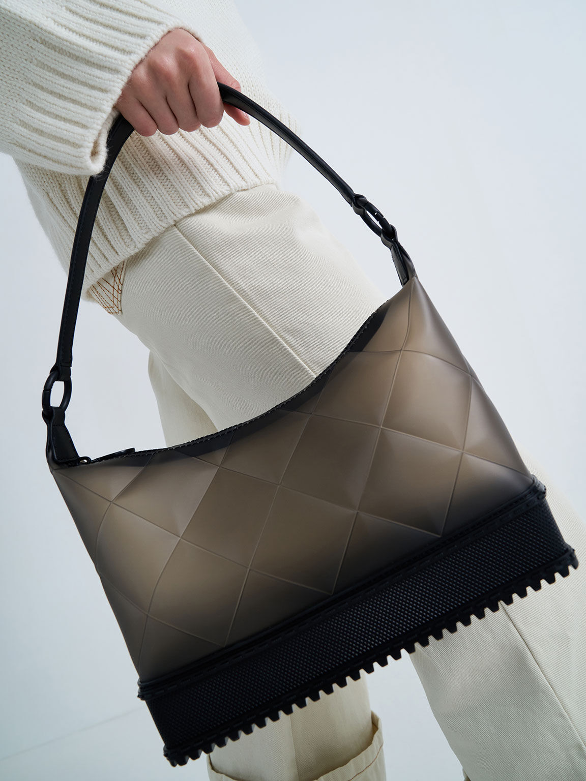 Graphic Handle Quilted Shoulder Bag - Black
