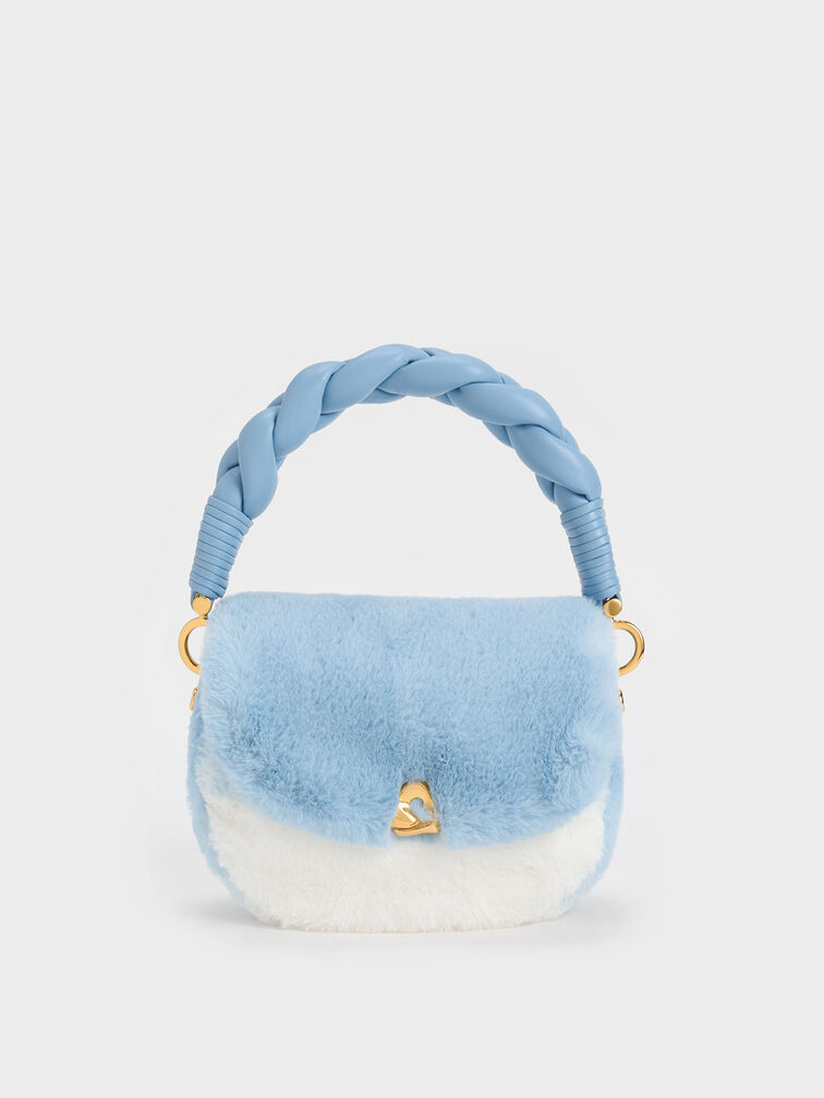 Moira Braided Handle Furry Bag, Light Blue, hi-res
