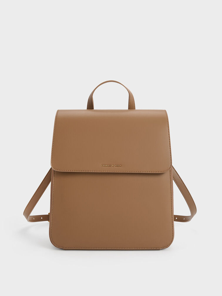 Front Flap Structured Backpack, Brown, hi-res