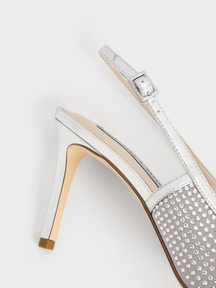 Satin Crystal-Embellished Slingback Pumps, Silver, hi-res