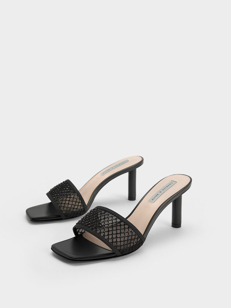 Gem-Encrusted Cylindrical Heel Mesh Sandals, Black, hi-res