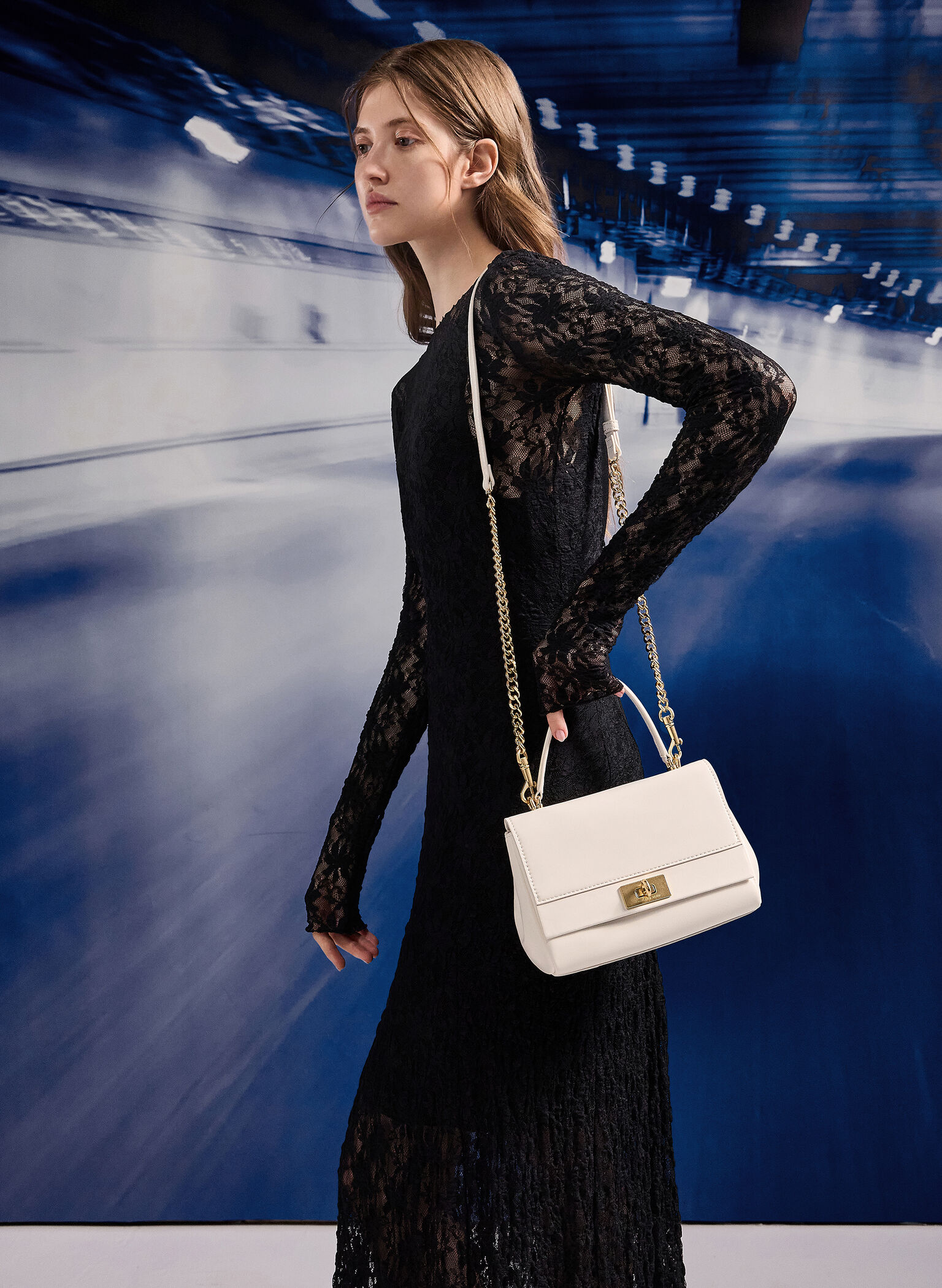 Lennie Chain-Strap Top Handle Bag, Cream, hi-res