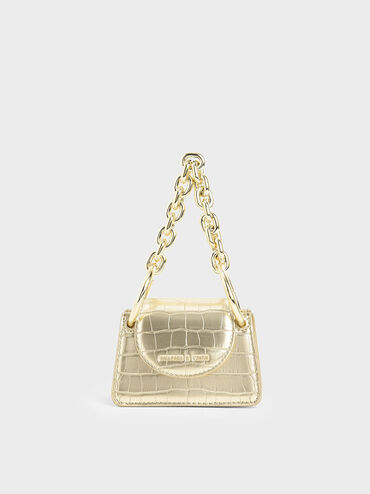 Croc-Effect Chunky Chain Handle Mini Bag, Gold, hi-res