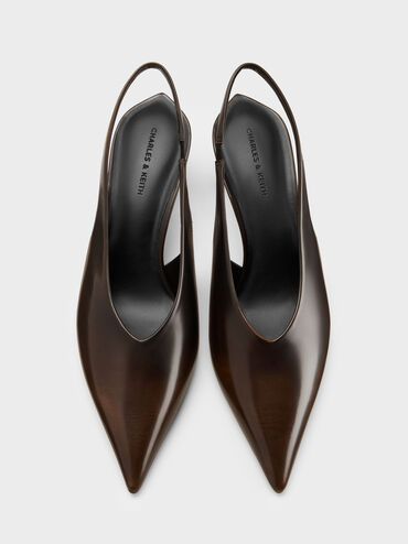 Pointed High-Vamp Slingback Pumps, Dark Brown, hi-res