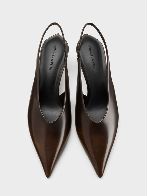 Pointed High-Vamp Slingback Pumps, Dark Brown, hi-res