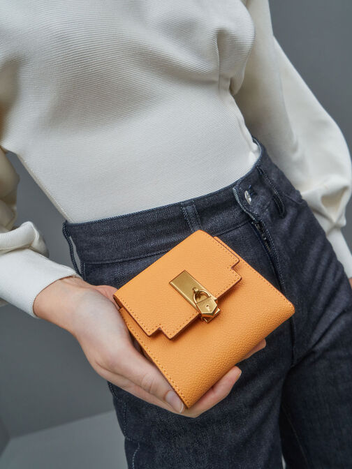 Locket Metallic Accent Short Wallet, Mustard, hi-res