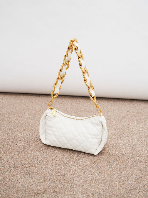Nezu Chain Handle Quilted Hobo Bag, White, hi-res