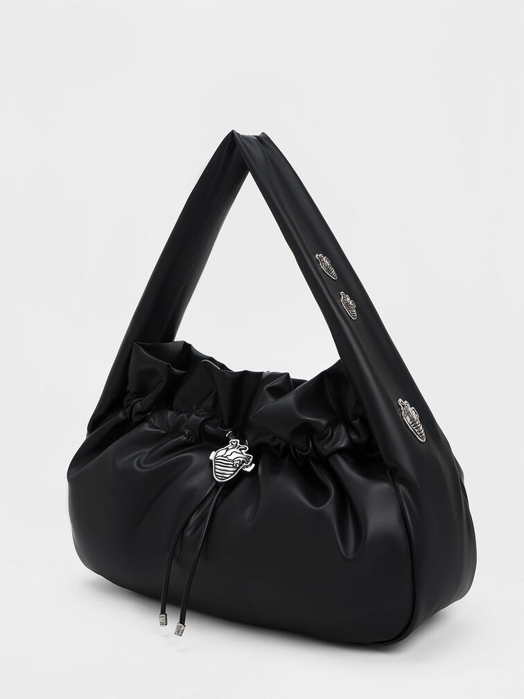 Illustrated Heart Charm Ruched Hobo Bag, Black, hi-res