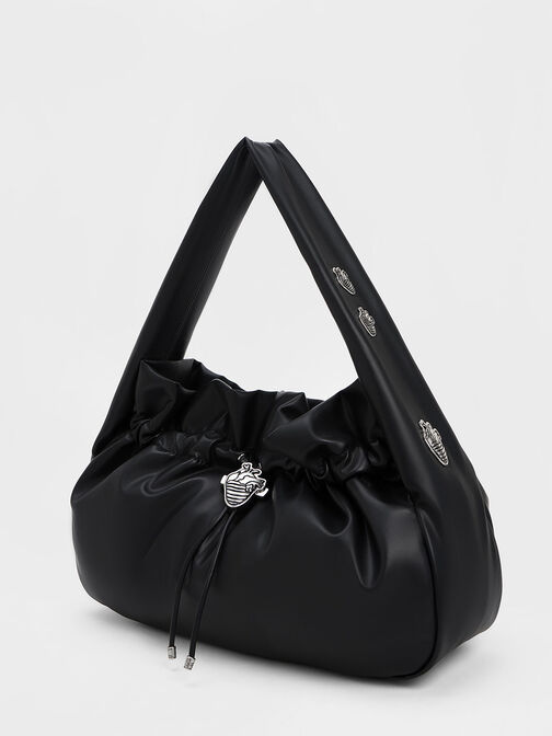 Illustrated Heart Charm Ruched Hobo Bag, Black, hi-res