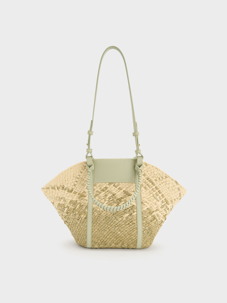 Bolso de rafia tipo cesta Shalia, Verde matcha, hi-res