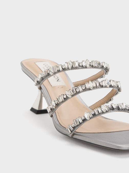 Gem-Encrusted Metallic Strappy Sandals, Silver, hi-res