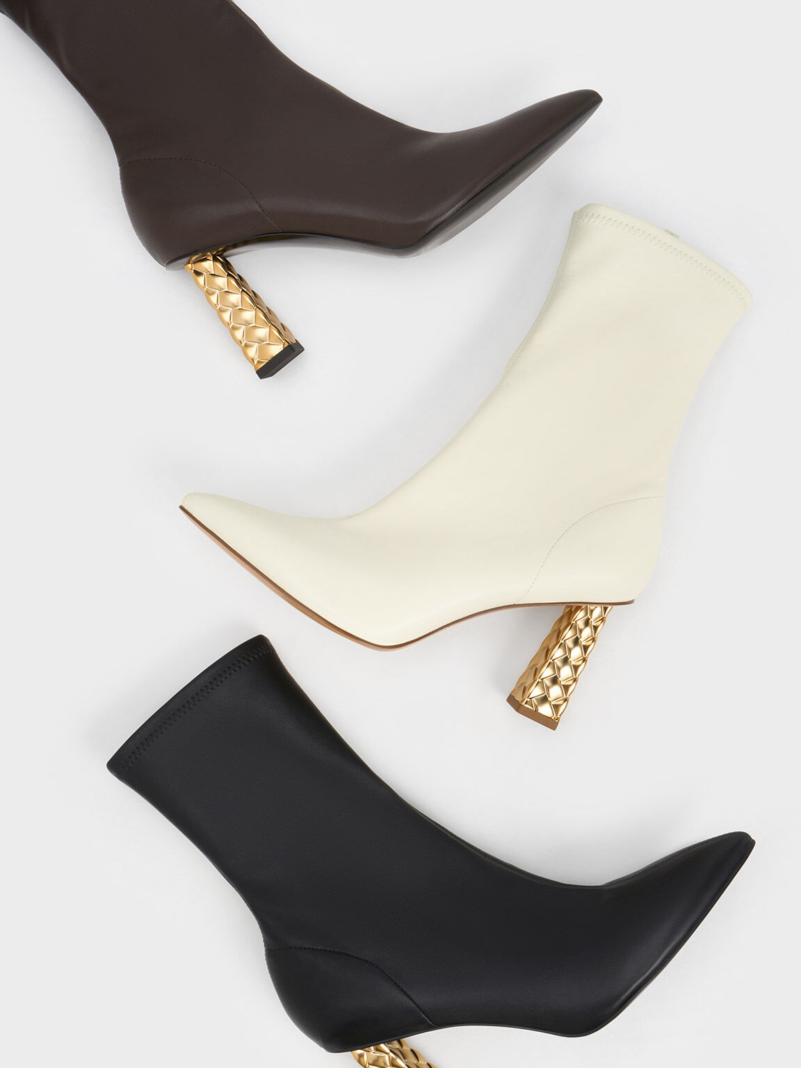 Chalk Pointed-Toe Quilted Heel Ankle Boots - CHARLES & KEITH