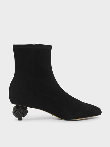 Sculptural Heel Ankle Boots (Kid Suede), Black Textured, hi-res