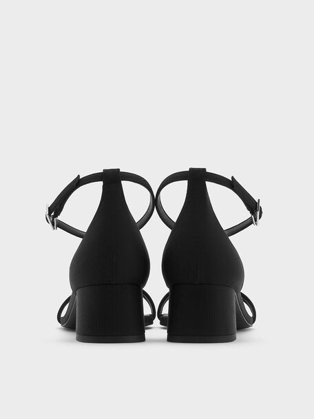 Grosgrain Block-Heel Ankle-Strap Sandals, Black Textured, hi-res