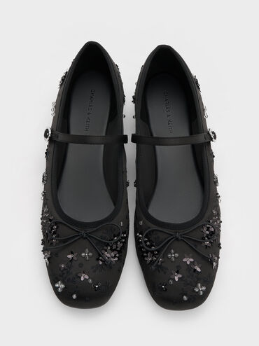 Sadira Satin Embroidered Sequinned Mary Jane Flats, Black Textured, hi-res