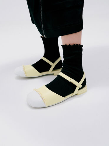 Girls' Pearl-Embellished Cap-Toe Ankle-Strap Flats, Butter, hi-res