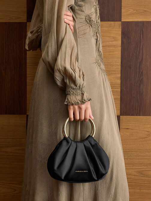 Satin Ruched Ring-Handle Bag, Black, hi-res