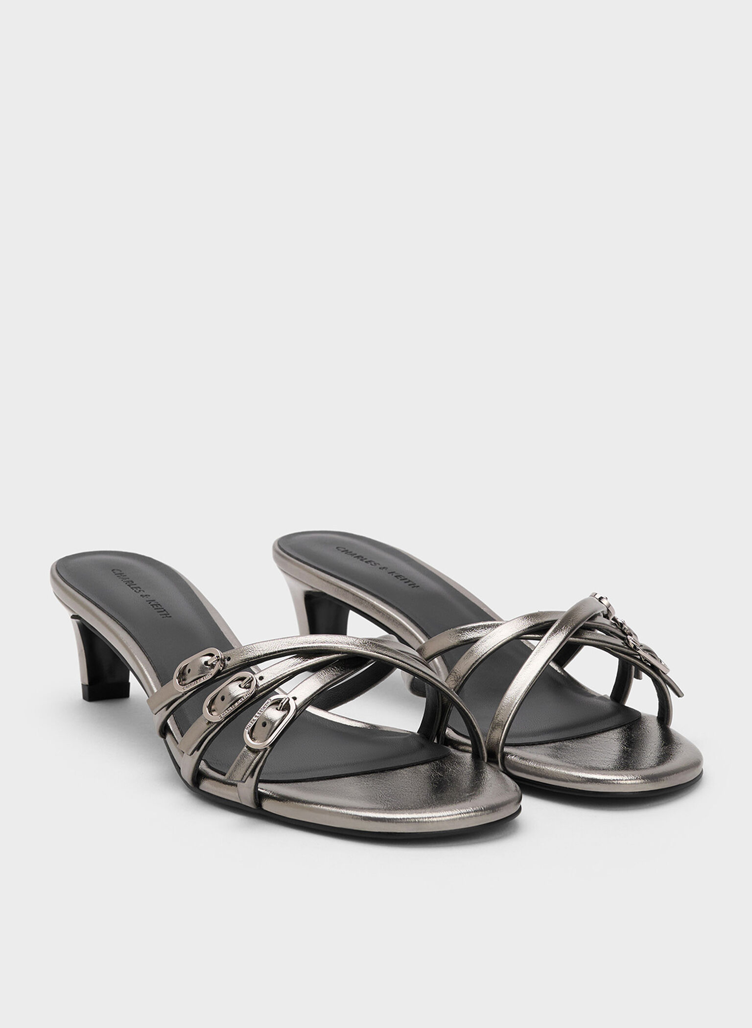 Mules de tacón bajo metalizados con tiras y hebillas, Estaño, hi-res
