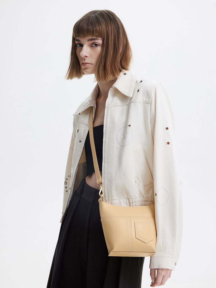 Bolso al hombro Anthea con detalle de puntadas, Beige, hi-res