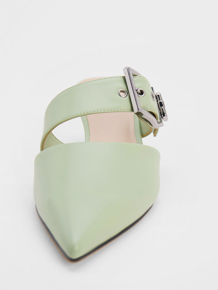 Asymmetric Buckle Heeled Mules, Sage Green, hi-res