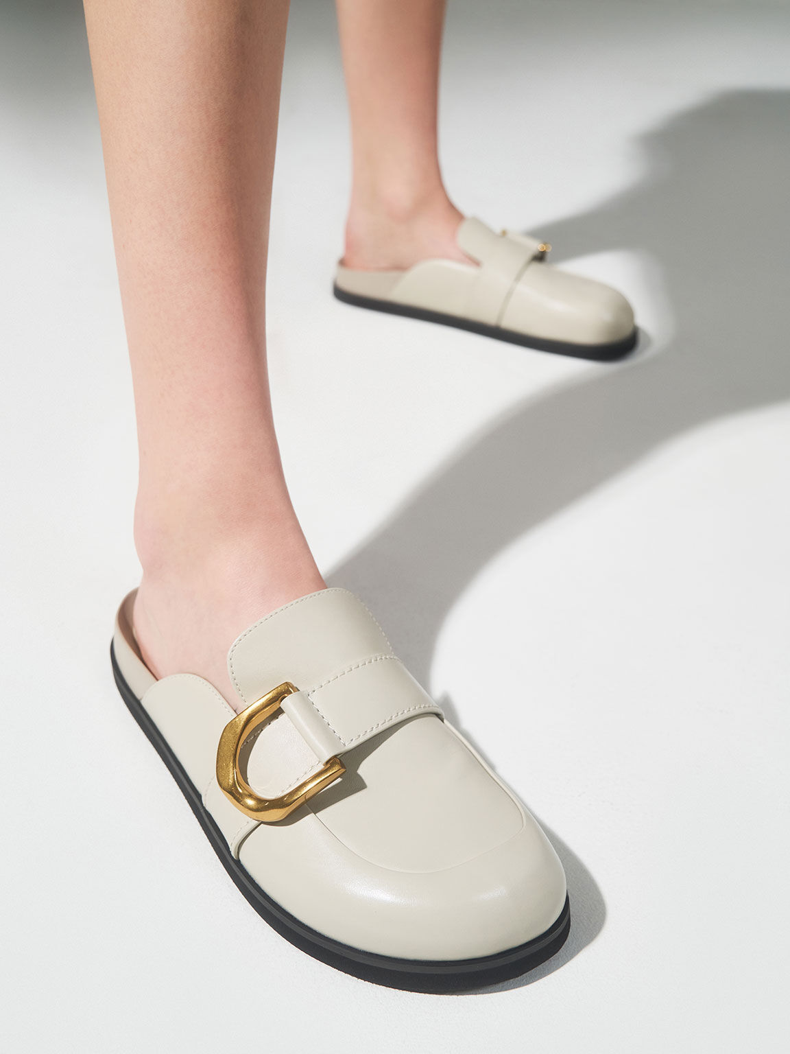 Gabine Buckled Leather Loafer Mules​, Chalk, hi-res