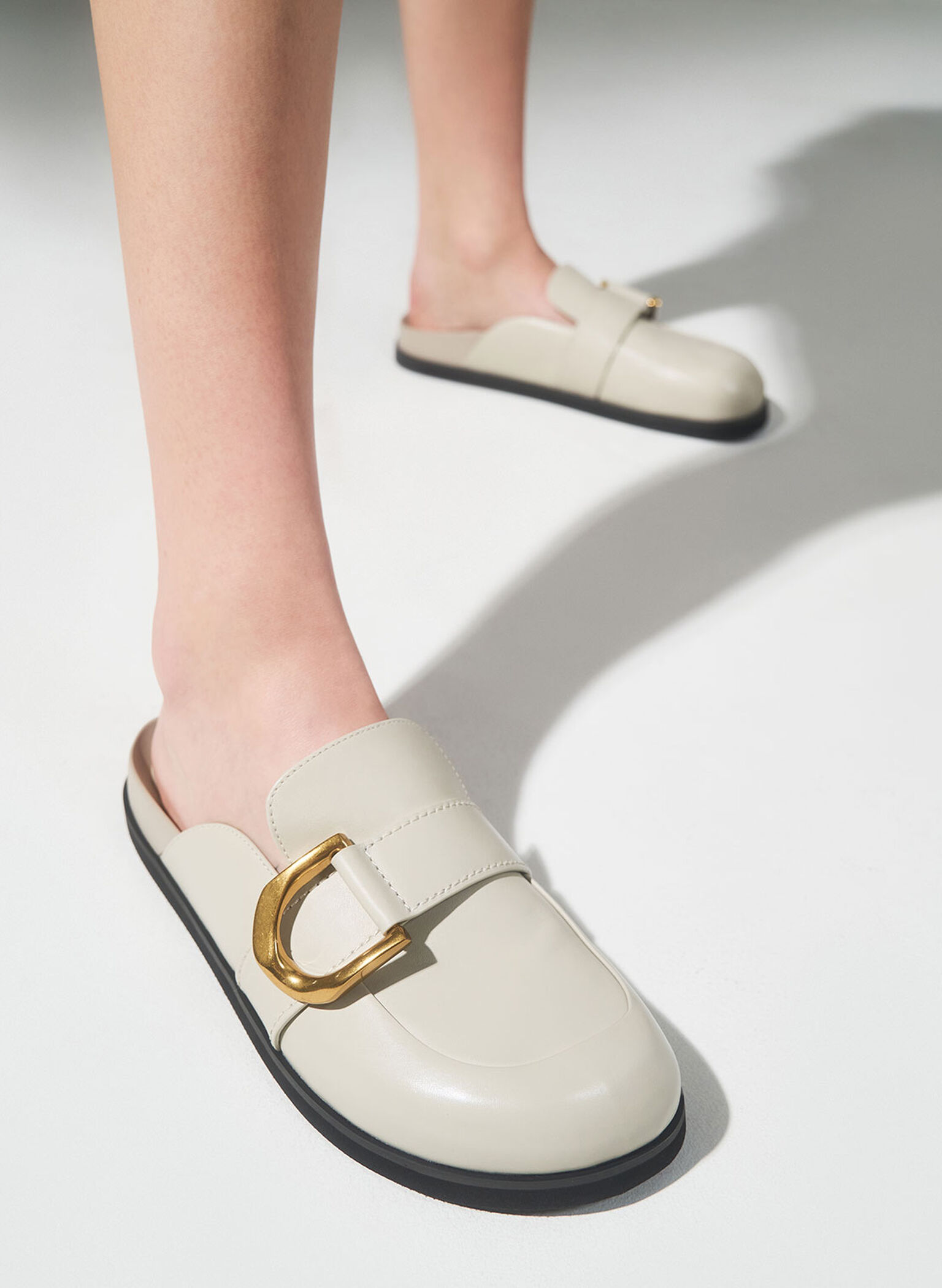 Gabine Buckled Leather Loafer Mules​, Chalk, hi-res