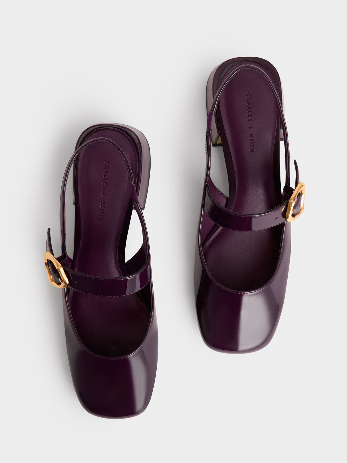 Patent Buckle Strap Slingback Pumps, Maroon, hi-res