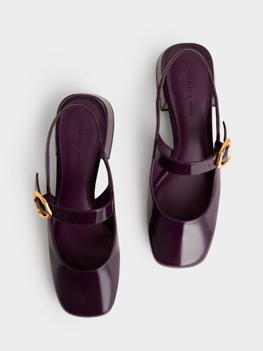 Patent Buckle Strap Slingback Pumps, Maroon, hi-res