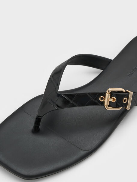 Croc-Effect Buckled Thong Sandals, Animal Print Black, hi-res
