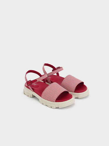 Sandalias de tobillo con estampado de cuadros para niña, Rojo, hi-res