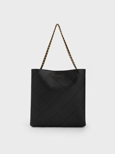 Bolso tote Leia con asa trenzada, Negro, hi-res