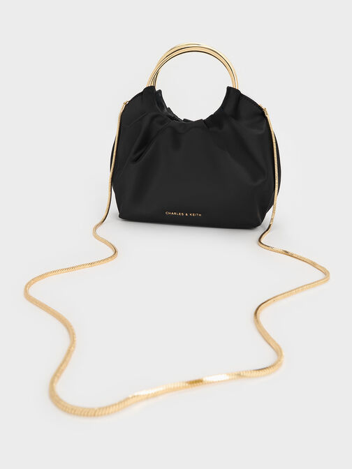 Satin Ruched Ring-Handle Bag, Black, hi-res