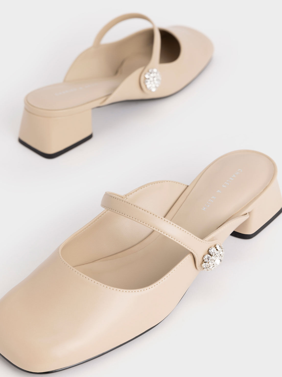 Gem-Embellished Trapeze Heel Pumps, Beige, hi-res