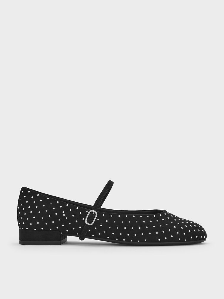 Gertrude Faux Suede Studded Mary Janes, Black Textured, hi-res