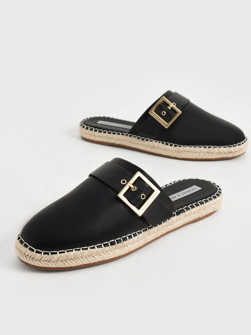 Buckled Espadrille Mules, Black, hi-res