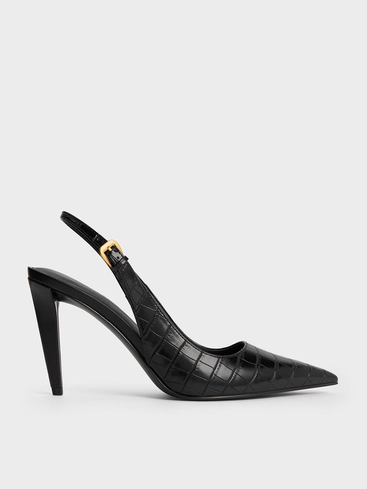 Croc-Effect Cone-Heel Pointed-Toe Pumps, Animal Print Black, hi-res