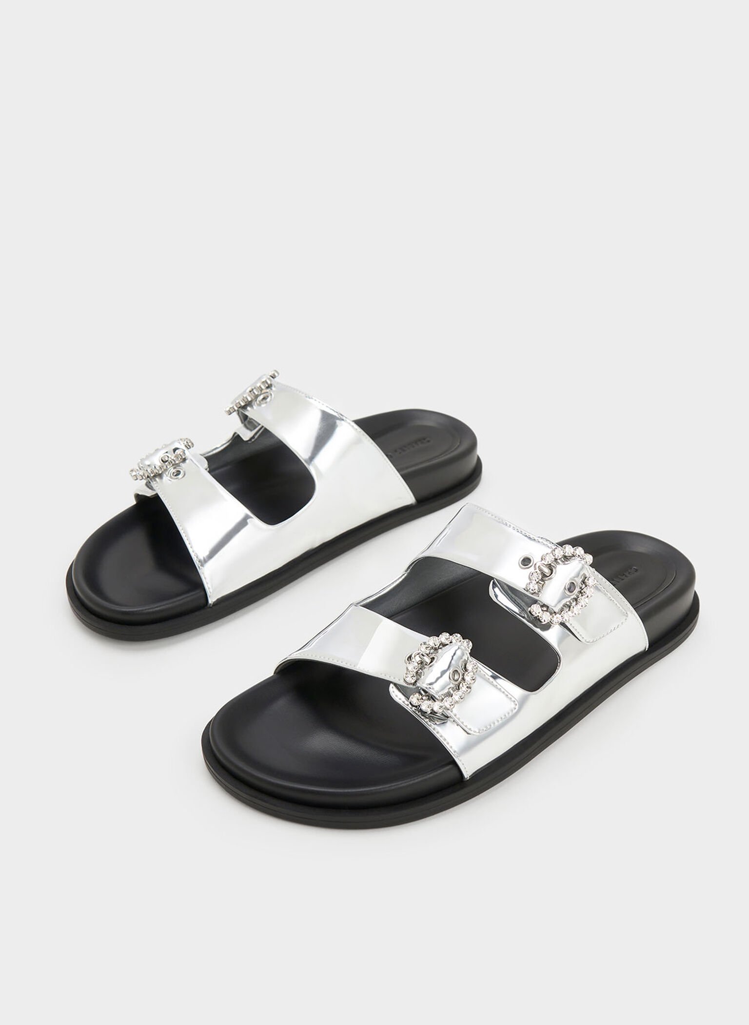 Sandalias adornadas de poliéster reciclado con hebilla, Plateado, hi-res
